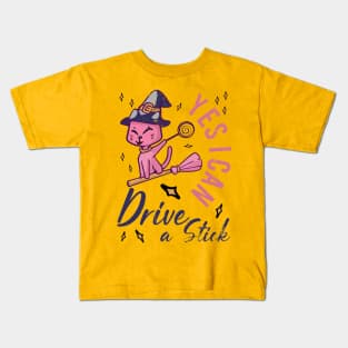 Yes I Can Drive A Stick Funny Cat Halloween Outfit Kids T-Shirt